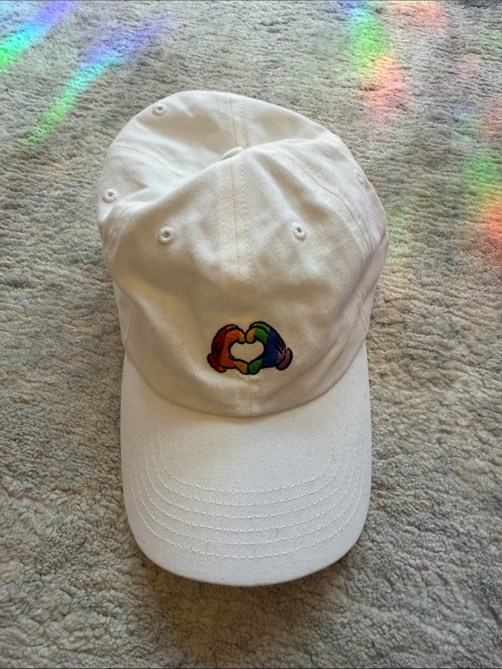 Disney White Baseball Cap with Rainbow Heart Hands Embroidery
